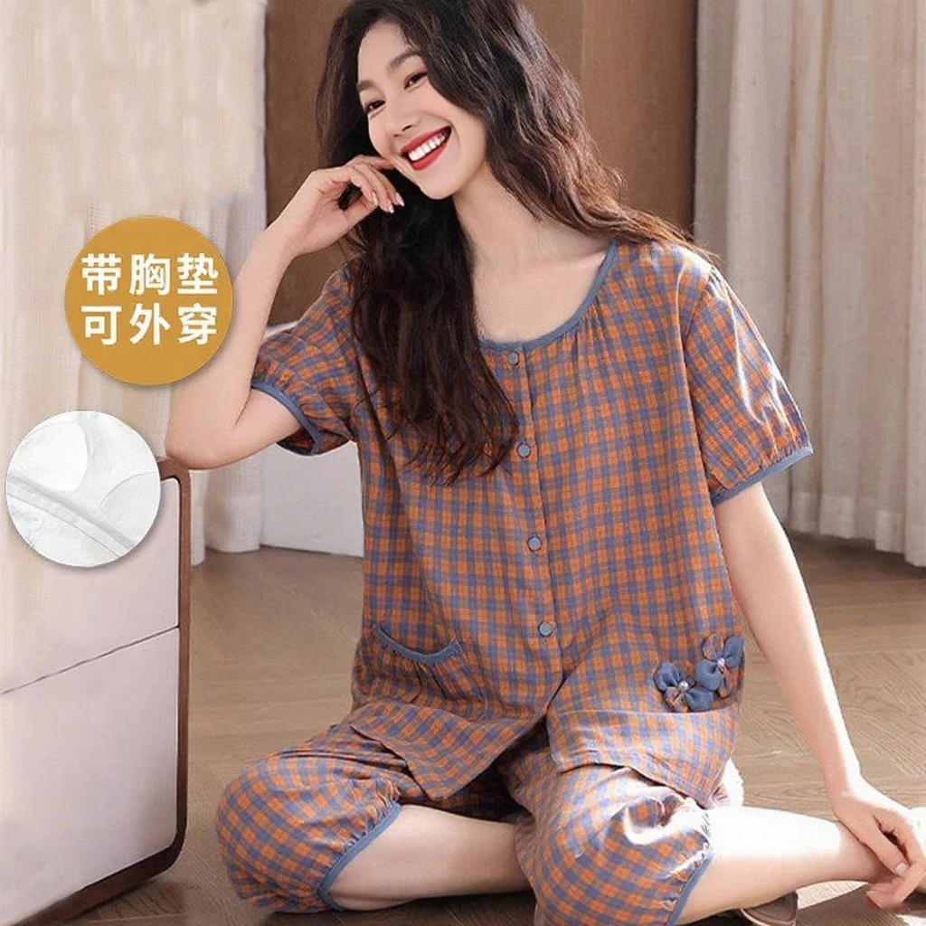 女士短袖七分裤睡衣套装夏季自带胸垫一体大码薄款夏天格子家居服