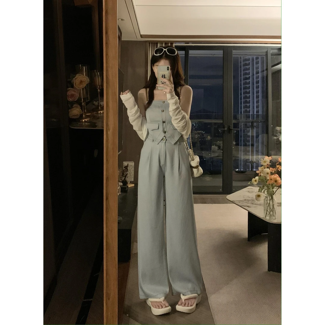 大码胖mm韩版复减龄吊带百褶阔腿裤外搭开衫长袖上衣女夏季三件套