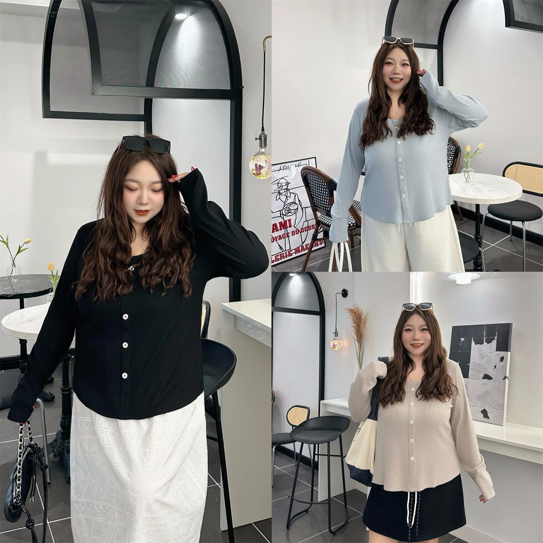大码女装秋季宽松减龄花契200斤胖mm圆领设计感百搭针织衫14987-H