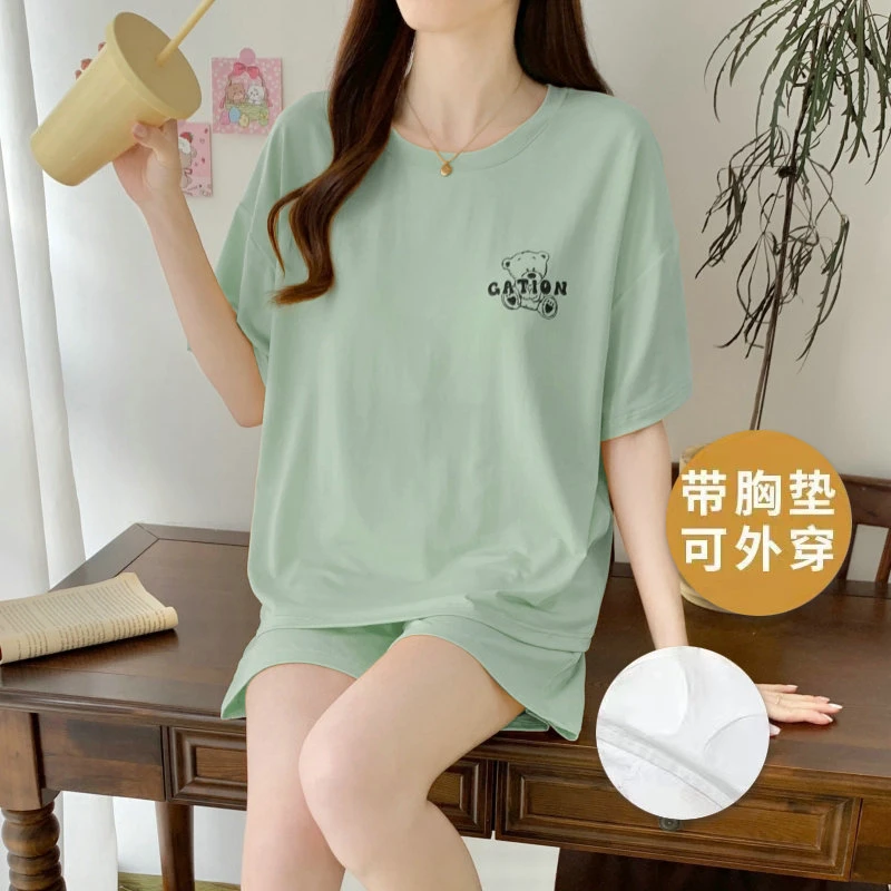 睡衣女款夏季莫代尔凉感带胸垫可外穿2025新款甜美绿色家居服套装