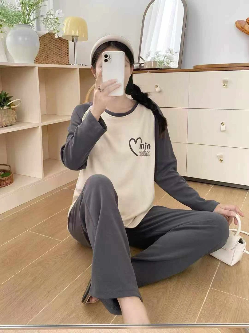 德绒棉睡衣家居服套装女士时尚长袖秋冬圆领