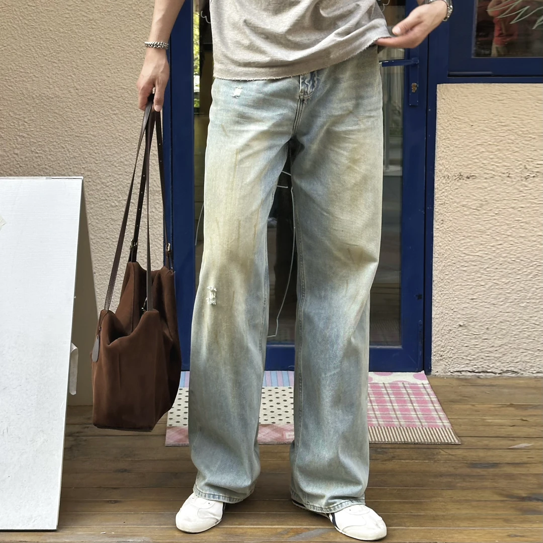 「做脏黄泥牛」一米九高个子男加长薄款直筒阔腿破坏牛仔休闲裤