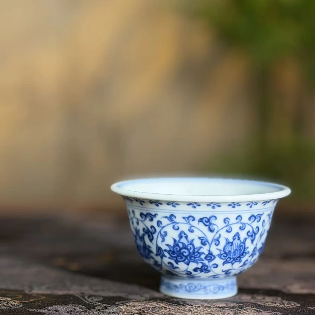 望月怀古缠枝莲小号狮心压手杯WYHG139纯手工手绘陶瓷