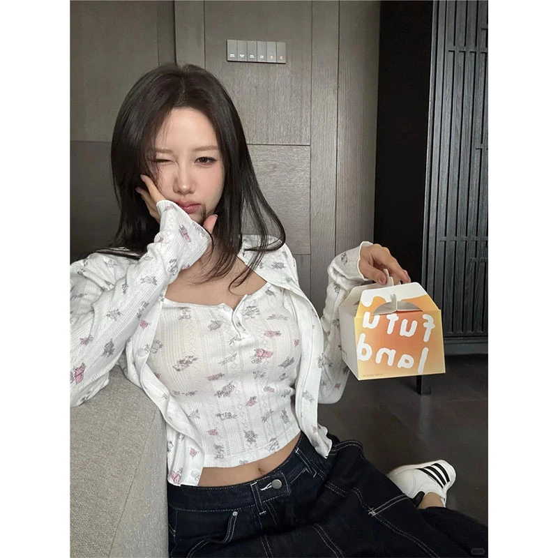 甜美风休闲百搭吊带背心碎花针织开衫高腰修身显瘦宽松阔腿裤长裤