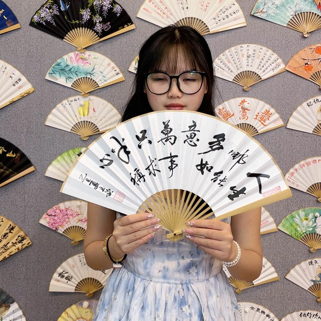 书法8寸玉竹-纯手绘-文玩扇骨（默认粘好）