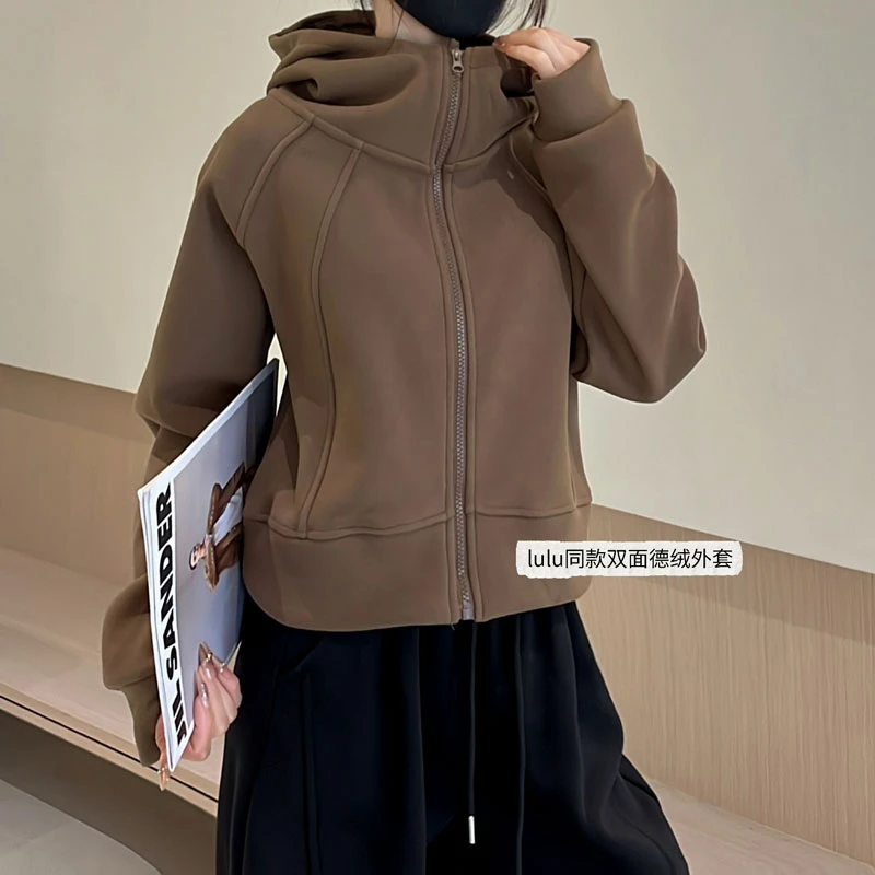 加绒加厚新款立领开衫卫衣运动风保暖显瘦宽松连帽卫衣