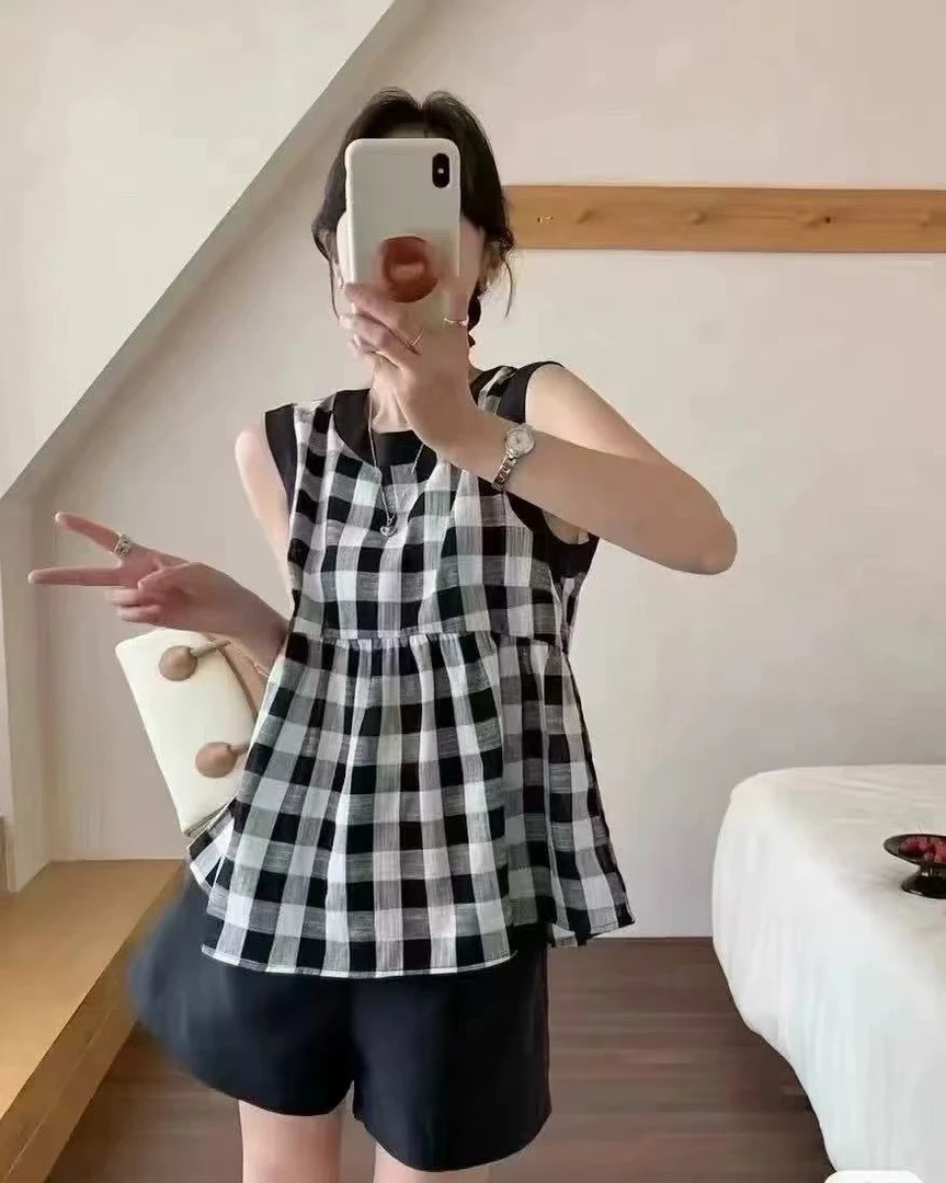 Datou 韩版复古格子撞色拼接衬衫女5133
