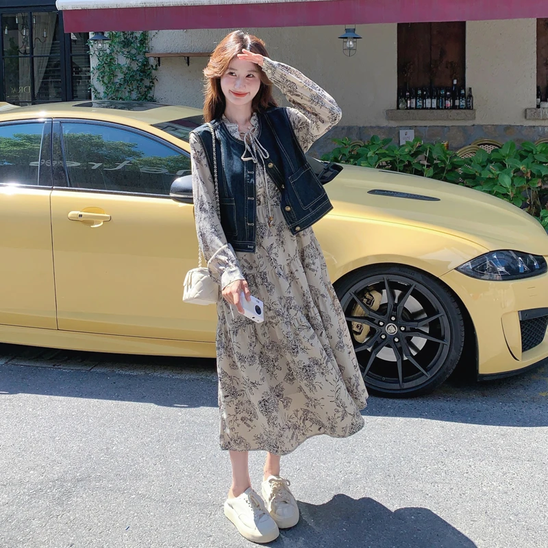 复古碎花连衣裙牛仔马甲套装女秋季新款2025设计感小众洋气两件套