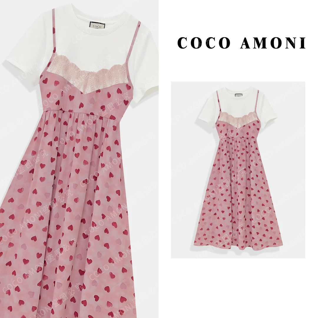 时尚设计师原创夏日女装拼接爱心假两件显瘦气质连衣裙AC768