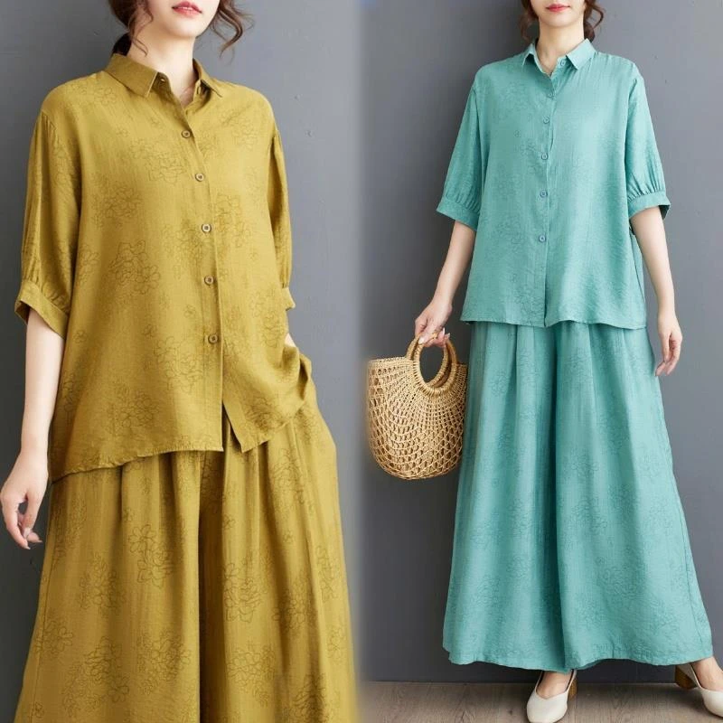 夏季新款文艺大码苎麻宽松时尚套装棉麻印花拼接两件套女