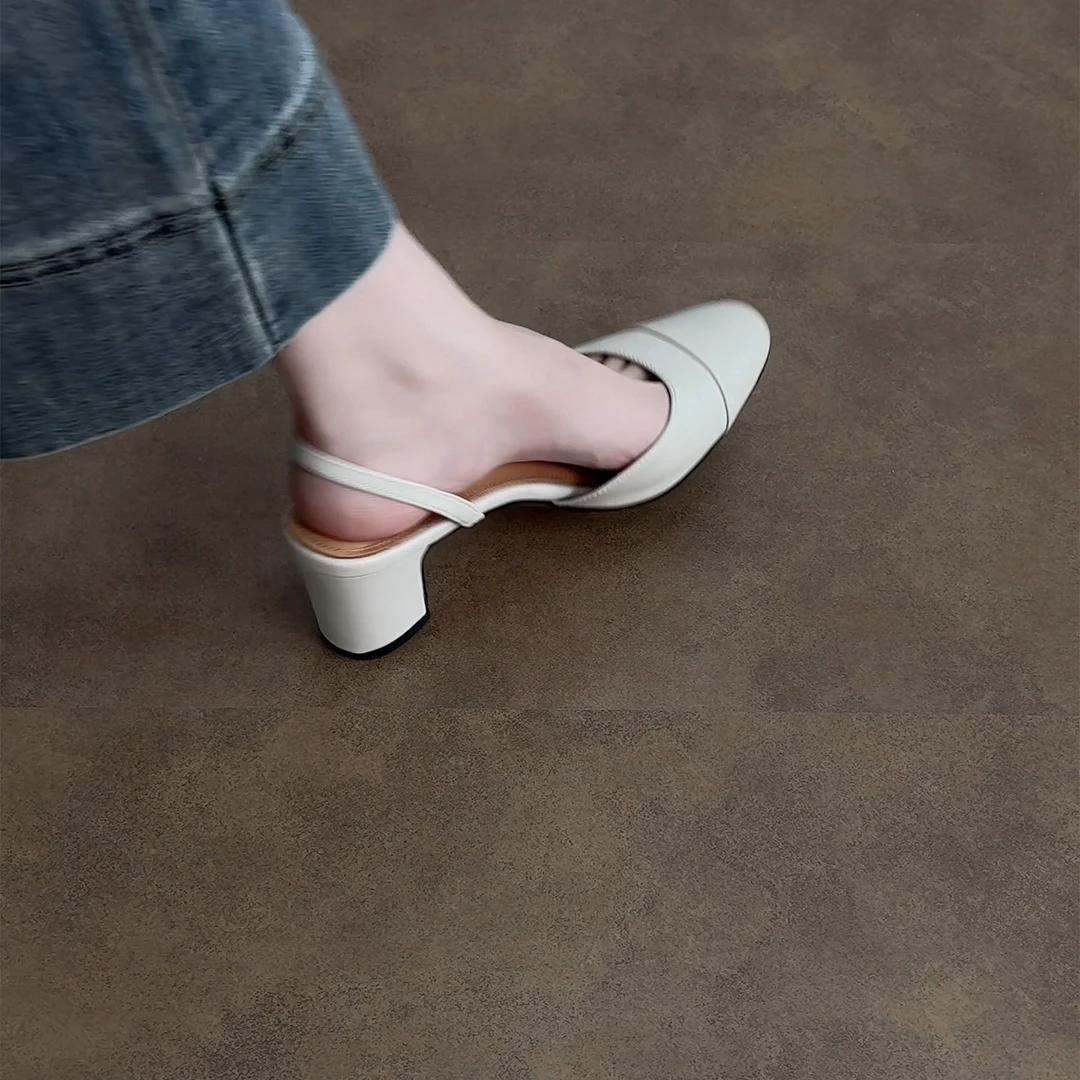 6cm/ED2237牛皮包头凉鞋女夏季新款圆头粗跟中跟侧空法式低跟真皮