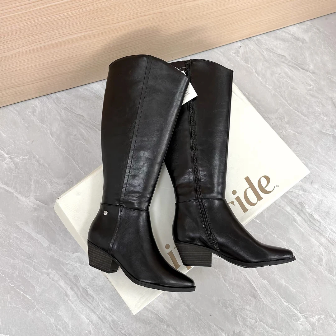 m时装靴黑色女士长筒尖头高筒靴骑士马靴粗跟女靴