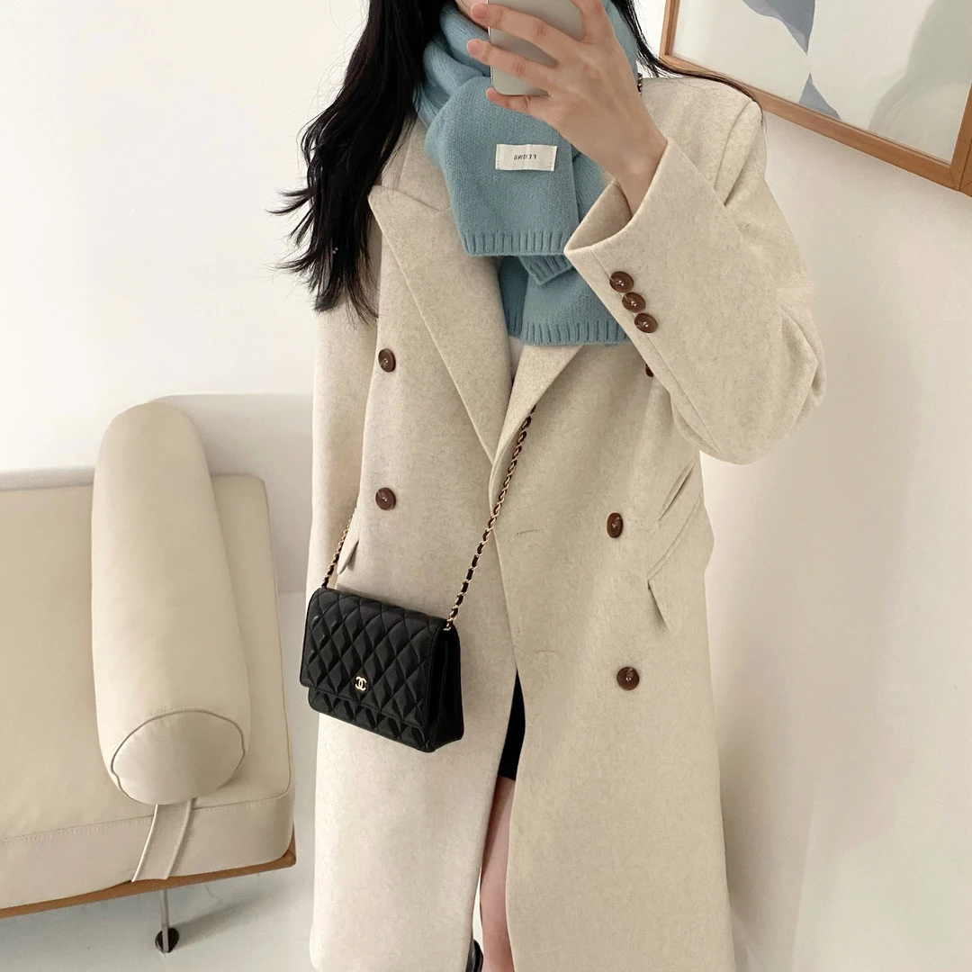 chic 韩版秋冬轻奢时尚大气西装领双排扣中长款过膝西装外套大衣