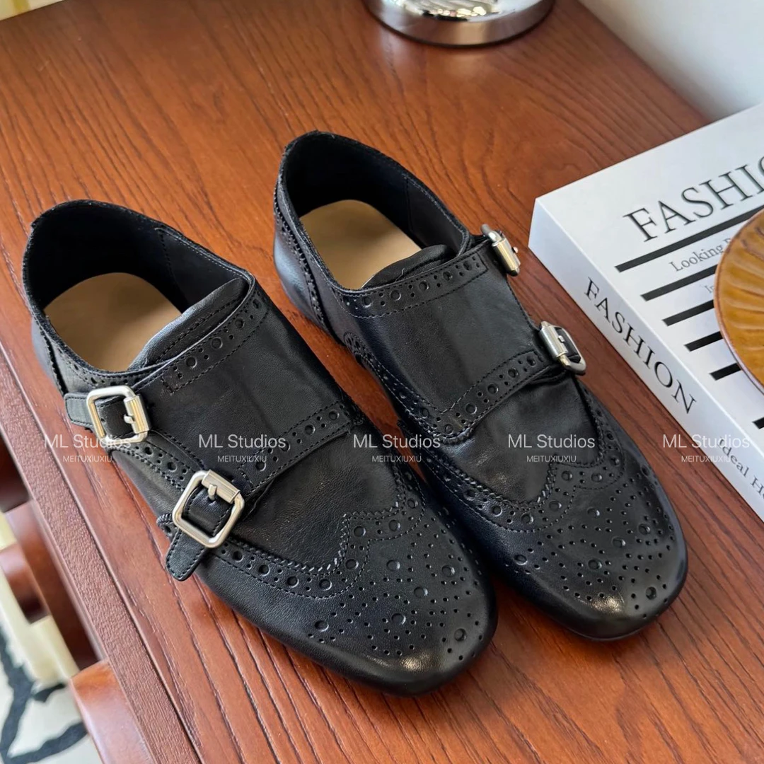 （火火）69-188布洛克雕花复古女鞋孟克鞋双扣方头小皮鞋乐福鞋