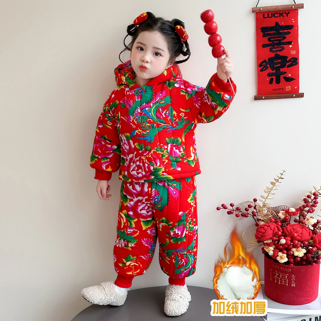 女童套装冬季新款儿童东北大花棉衣棉服棉袄加厚宝宝中国保暖套装