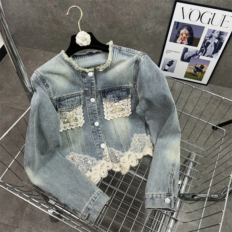 蕾丝花边牛仔外套2025春季新款水洗做旧短款欧美街头时髦显瘦上衣