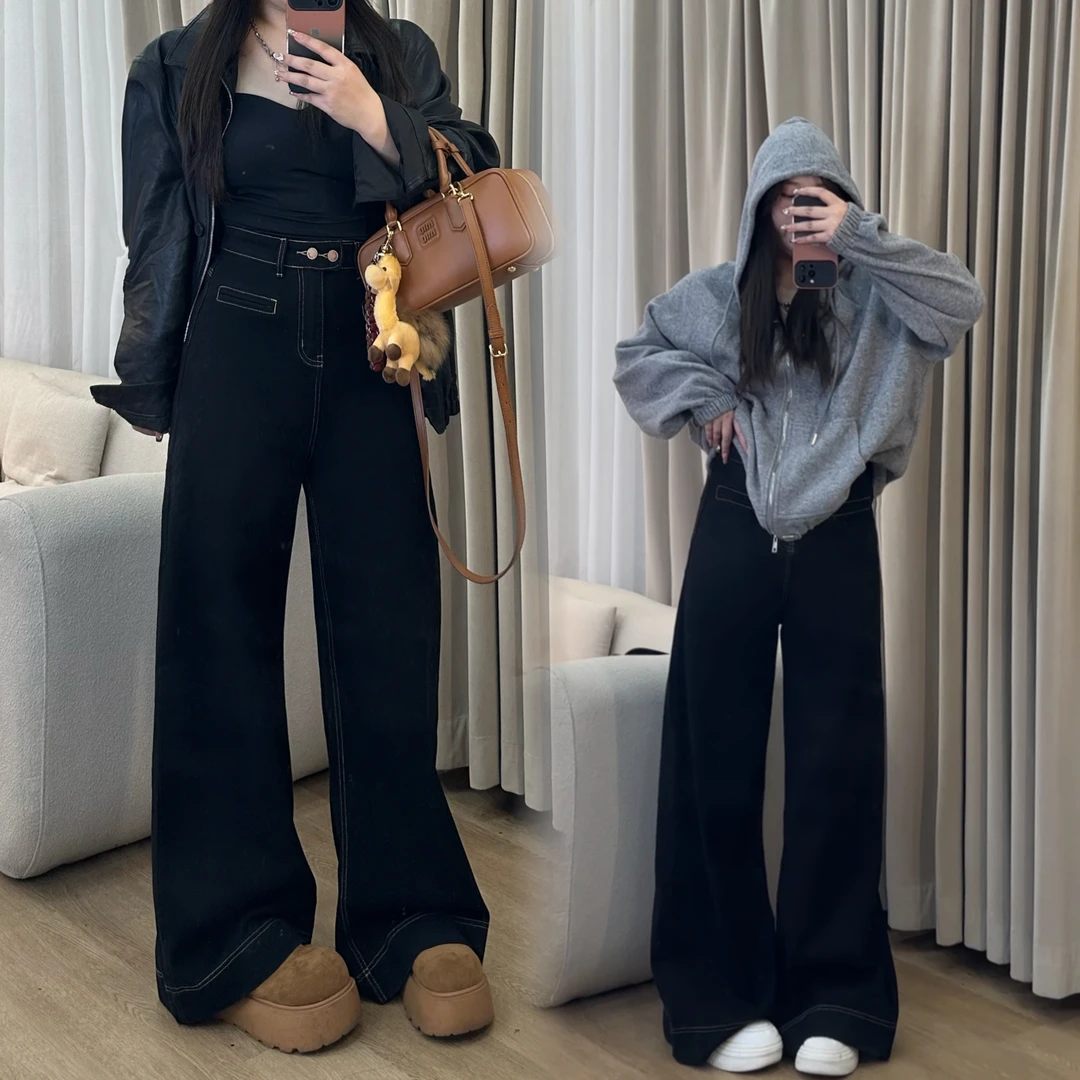 3108#黑色高腰牛仔裤女早春大码胖mm宽松显瘦弹力阔腿裤