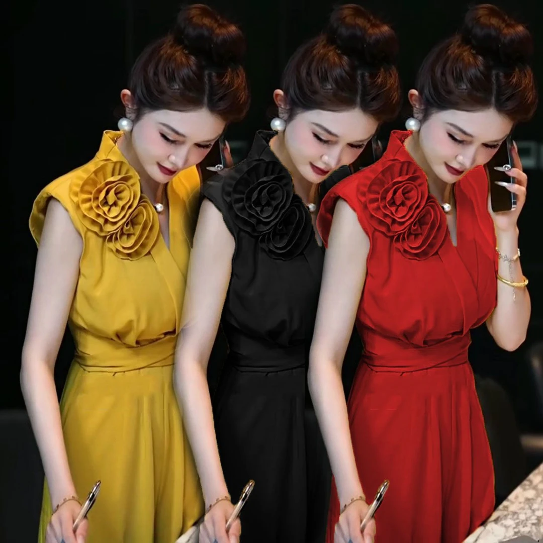 夏季新款网红爆款气质时尚立体花朵收腰显瘦无袖连体裤轻奢女神范