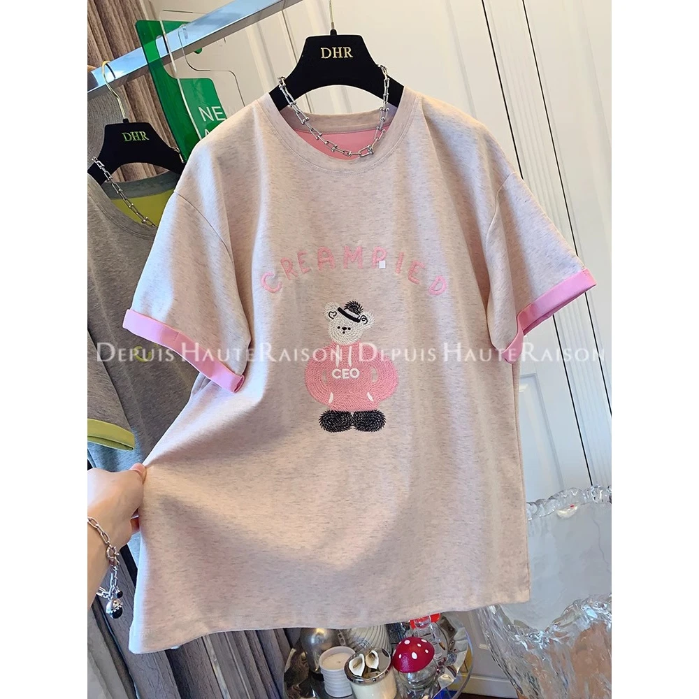 大码特大码240斤减龄刺绣小熊撞色短袖T恤女夏季上衣宽松韩版