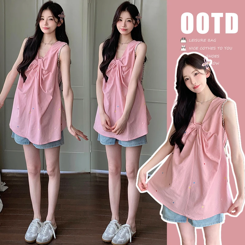 孕妇装夏季2025新品韩版刺绣甜美无袖衬衫中长款宽松遮肚孕妈上衣