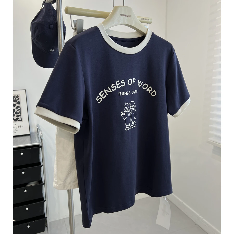 拼色圆领字母卡通印花短袖t恤女夏季2025新款ins上衣潮