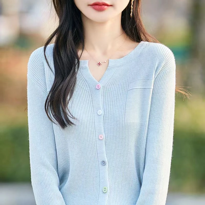 【简约彩扣小杉-蓝色】针织开衫外搭早秋女款针织杉v领446