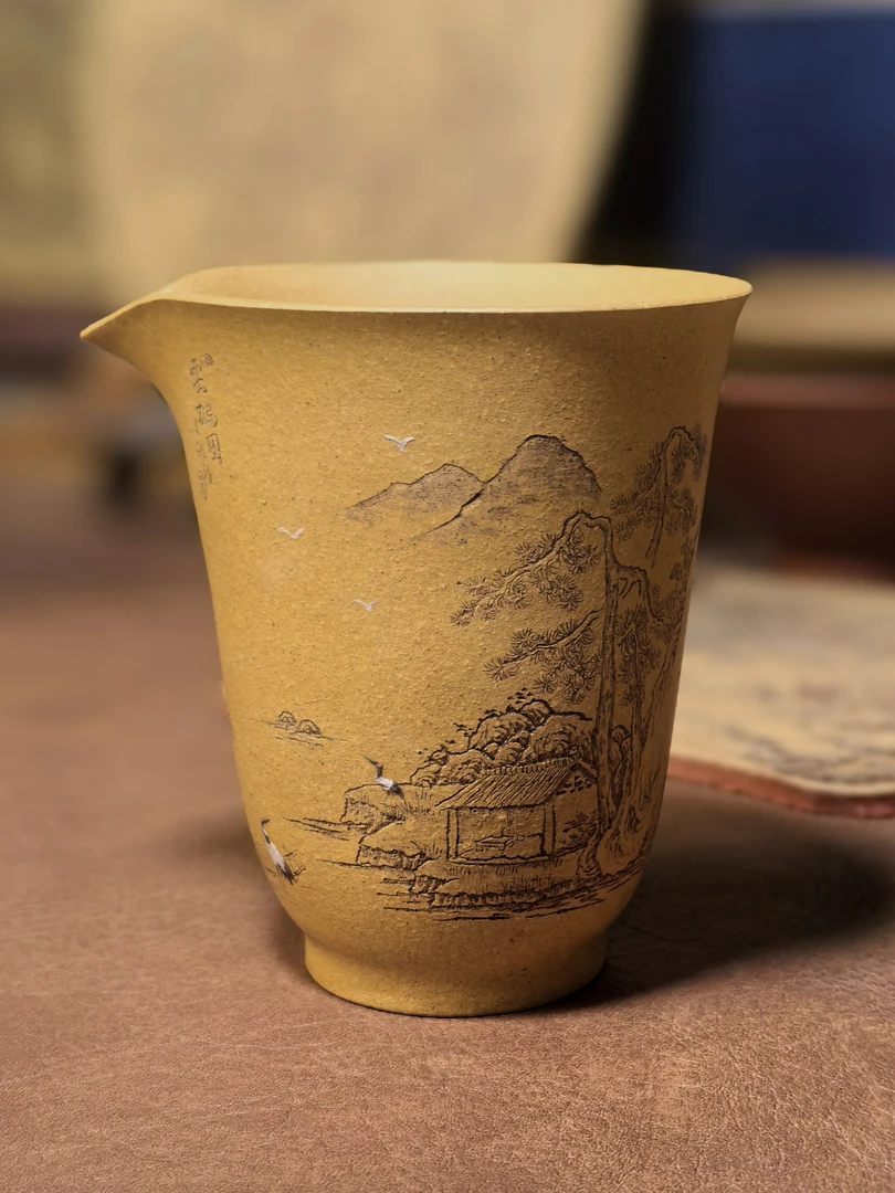 宜刻坊｜松鹤主题公道杯段泥180毫升刻绘加泥绘纯手工刻绘