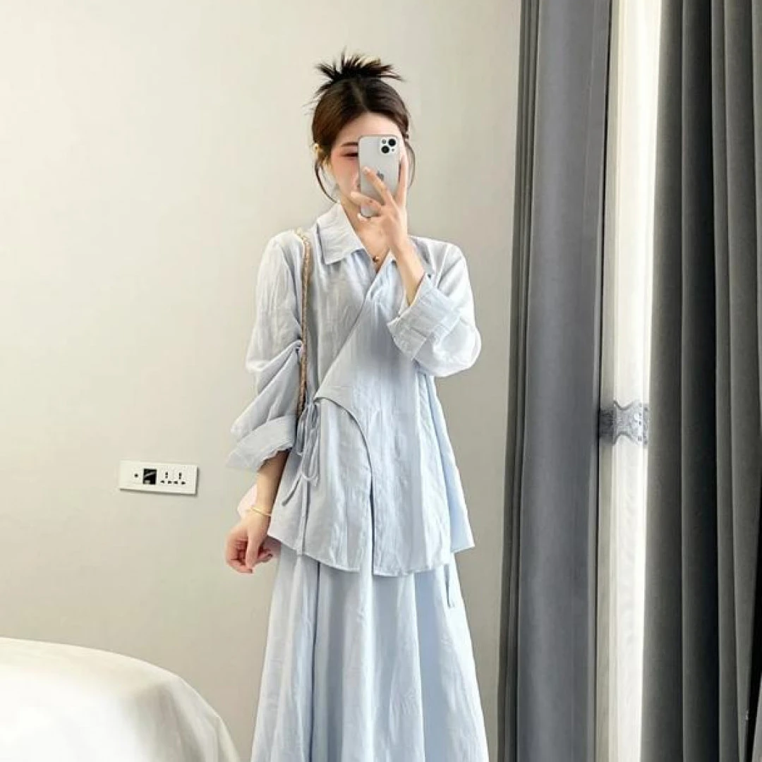2025春夏新款蓝色收腰系带衬衫半裙套装女清纯系高级感通勤两件套