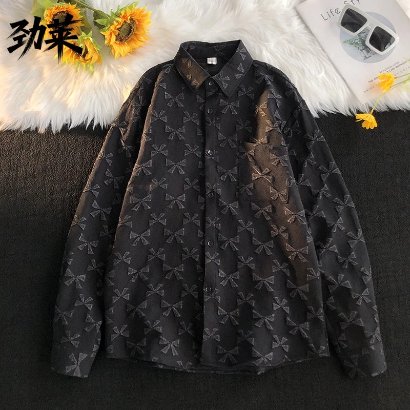 劲莱欧洲站长袖衬衫男夏季薄款潮牌百搭衬衣宽松港风休闲复古衬衫