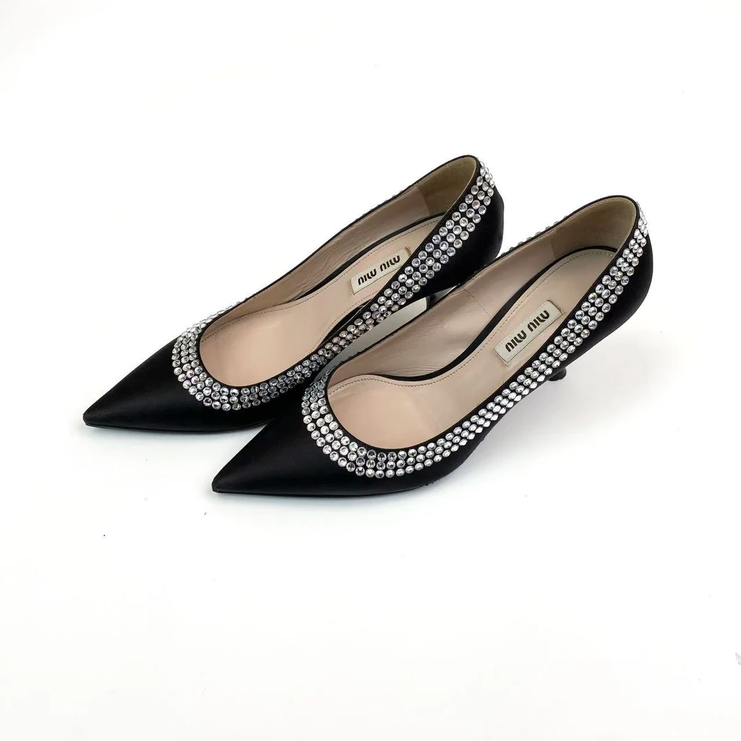 95新 MIU MIU/缪缪  qq551 黑色水钻缎面高跟鞋 37.5码 微瑕 95新