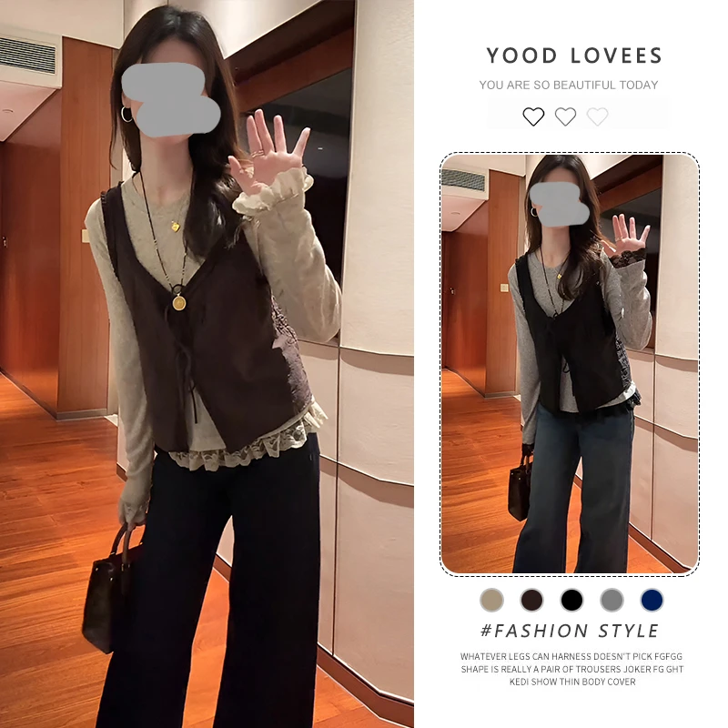 蕾丝花边打底衫长袖叠穿马甲上衣女2025春秋新款直筒牛仔裤三件套