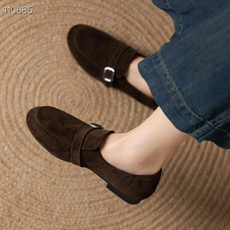 法式复古磨砂羊皮单鞋女通勤真皮圆头春秋小皮鞋软底百搭乐福鞋