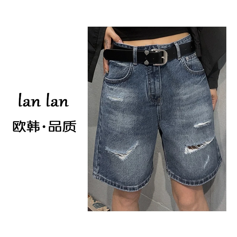 琪琪-夏上新【磨破4分牛仔中裤】韩版高腰设计显瘦百搭休闲牛仔中裤