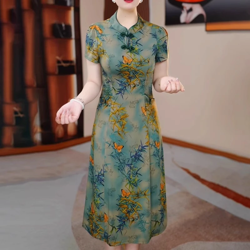 新中式国风短袖连衣裙女2025夏季新款妈妈装气质优雅高级感长裙子