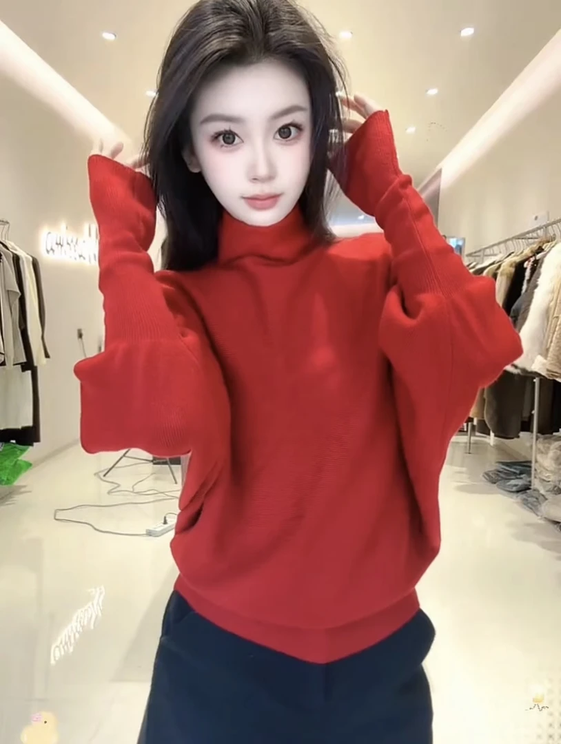韩系极简风半高领长袖套头针织衫女2025冬季新款收腰显瘦百搭上衣