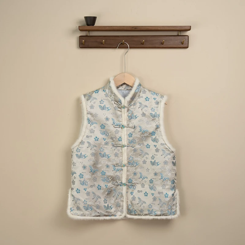 【冰舞蝶夹棉马甲】百分百四纬宋锦日常中式夹棉水貂毛百搭马甲