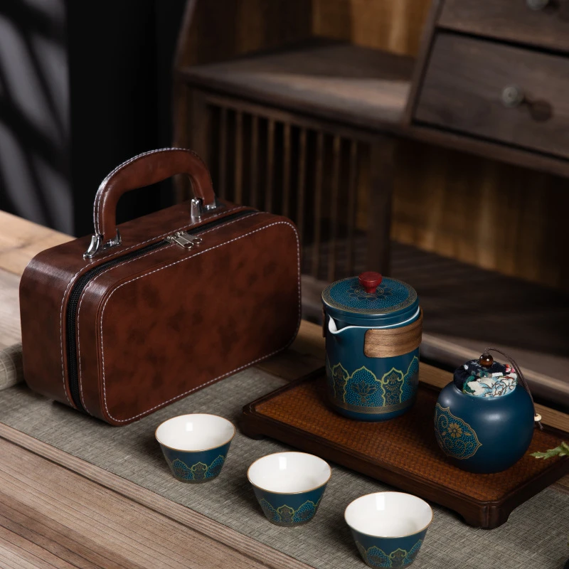 便捷式户外旅行茶具套装快客杯一壶三杯一茶叶罐陶瓷商务年会礼品
