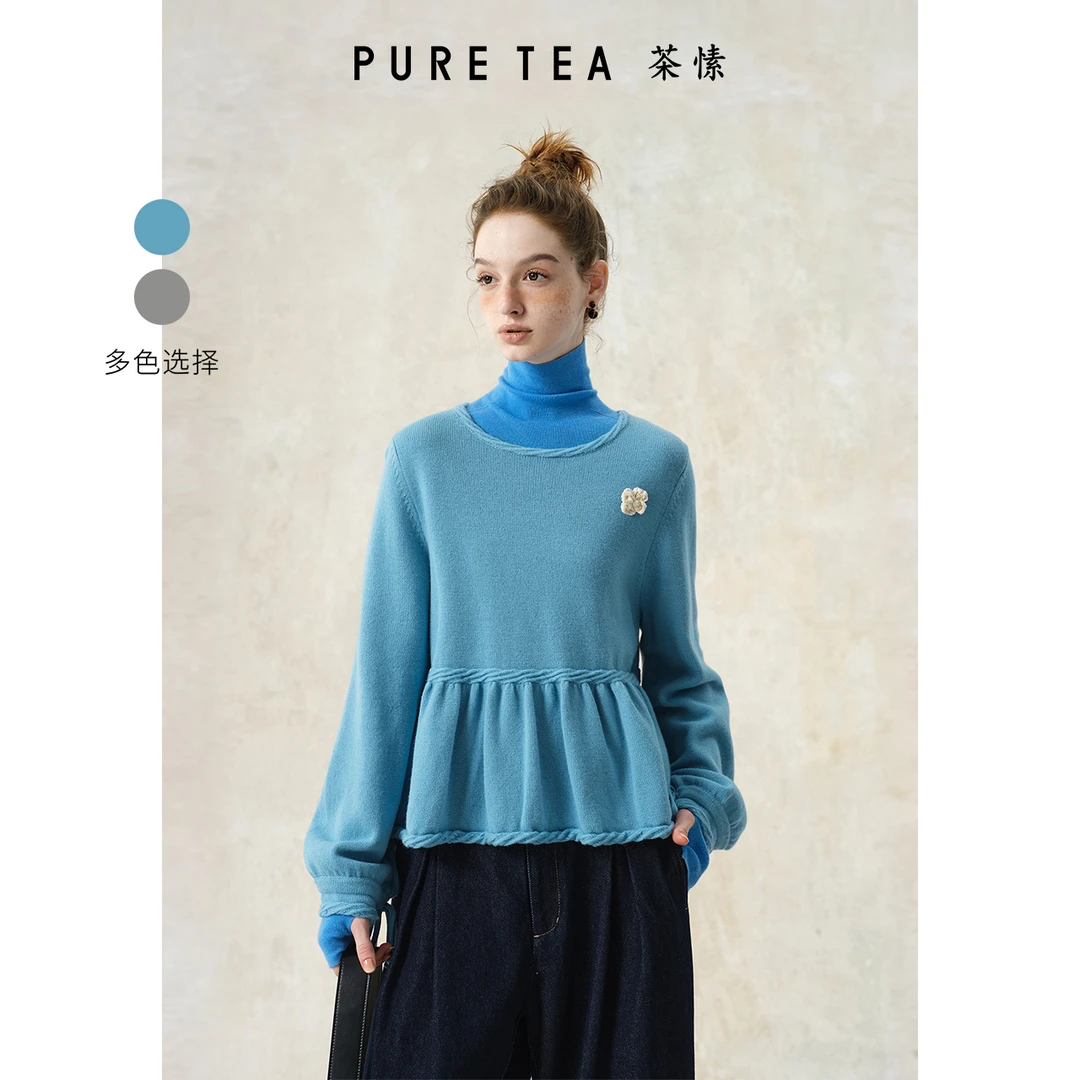 puretea茶愫绵羊毛针织毛衫女娃娃衫蓝色毛衣学院KK0302B32