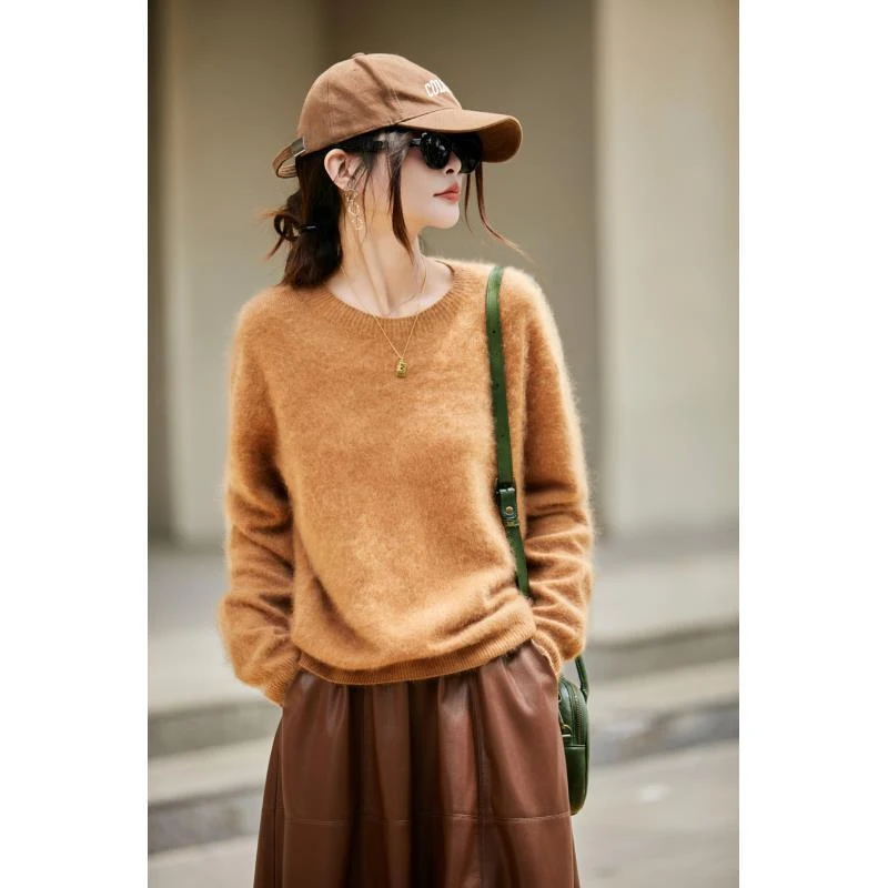 山羊绒高端一线成衣拉绒圆领长袖上衣慵懒针织衫NJR2106