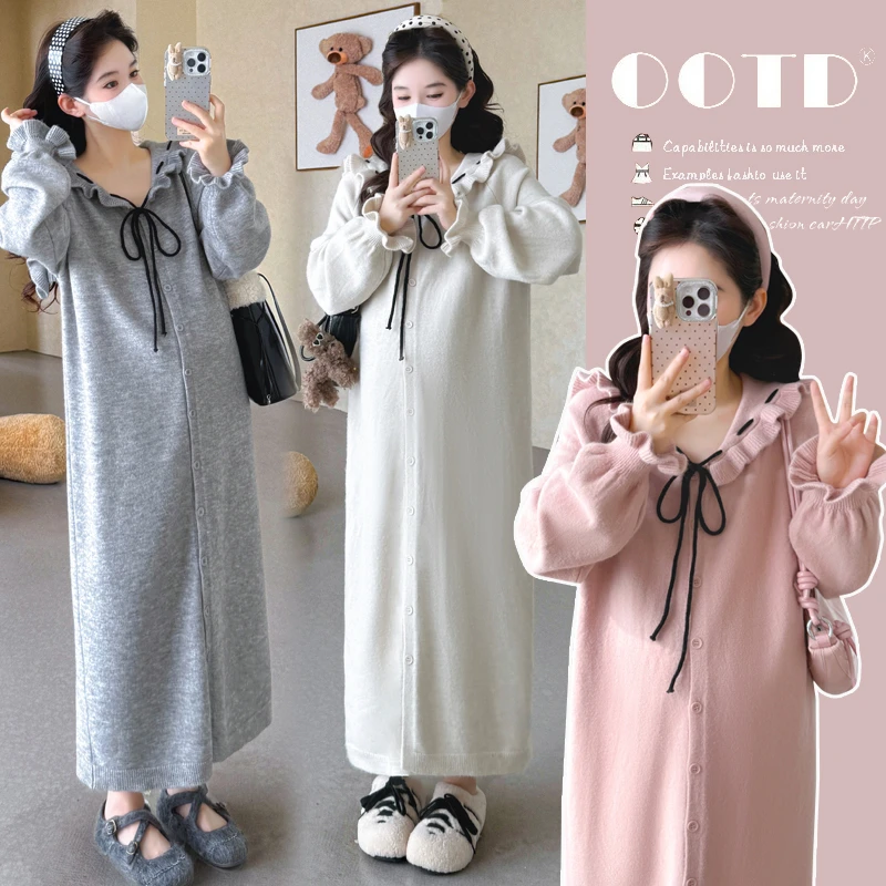 2025网红孕妇装连衣裙新款大码孕妇秋冬装长款大翻领开扣系绳