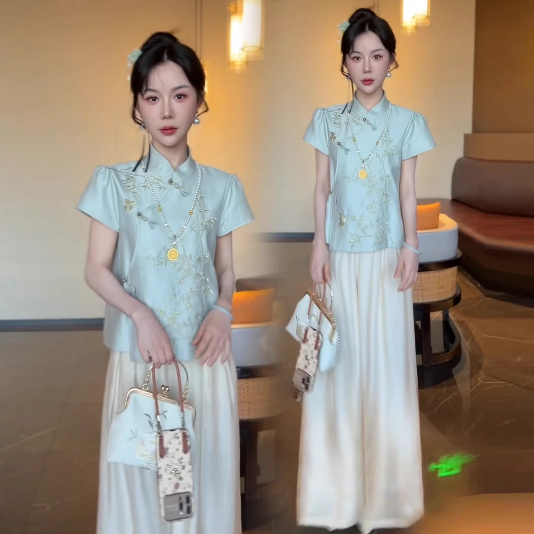 新中式国风套装女2025夏季新款刺绣立领盘扣上衣垂感阔腿裤两件套