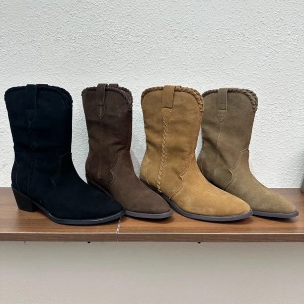 319复古西部风尖头V口短靴女韩版磨砂皮流苏马丁靴秋冬季加绒