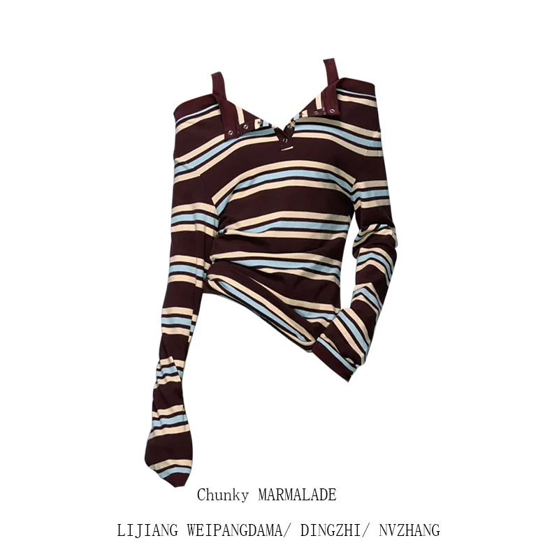 大码复古撞色条纹吊带长袖T恤女早秋新款宽松显瘦一字肩辣妹上衣