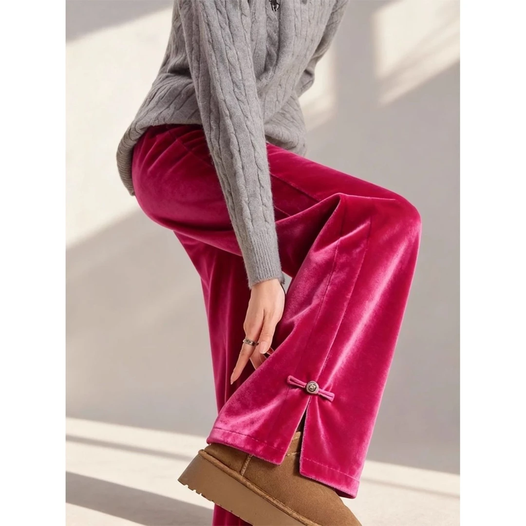 新中式中国风玫红色盘扣开叉休闲裤冬季窄版裤子高腰阔腿裤丝绒裤