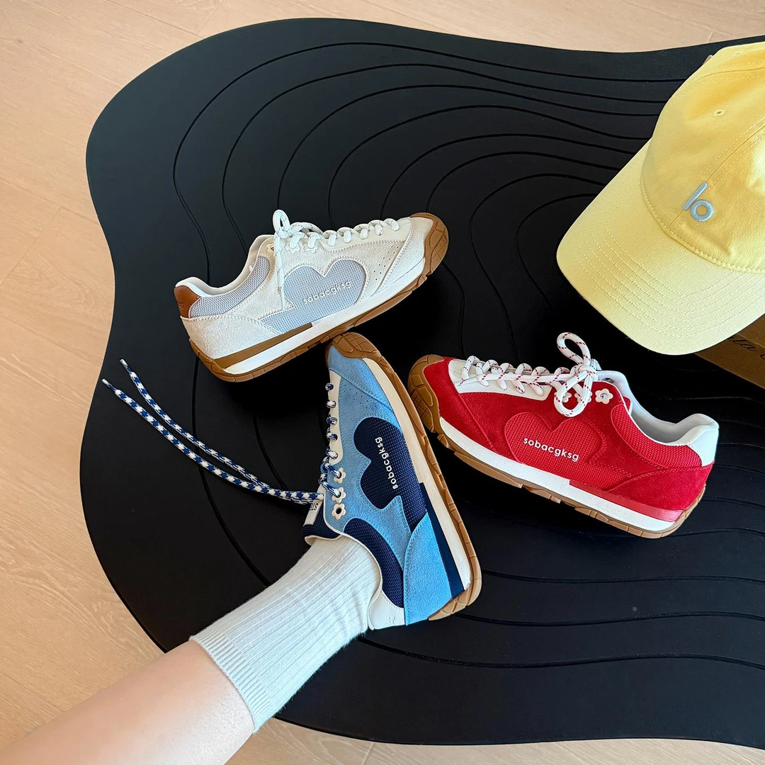 版红色花朵厚底鞋女2025新款复古透气休闲流浪运动德训鞋