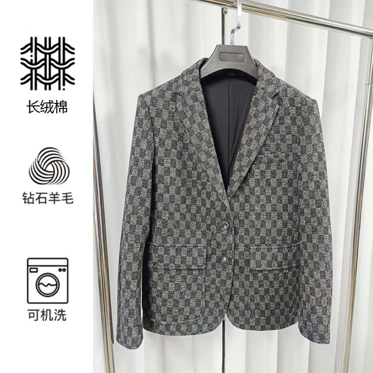 【断码特价】高端针织绵羊毛商务休闲便西夹克男士修身格子长绒棉