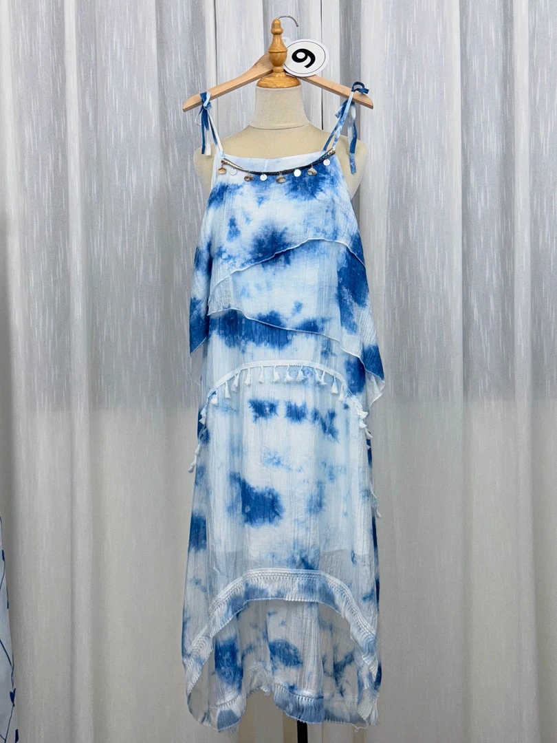 【9号】大理非遗蝴蝶蓝染植物染设计师蓝色带裙晕染极简碎花时尚