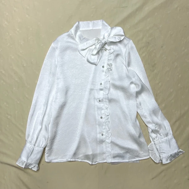 立领荷叶边长袖春季简约花边衬衫白衬衫打底衬衣纯色