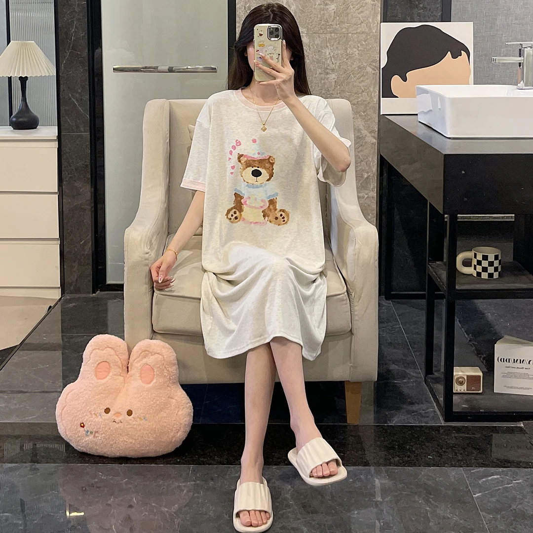 睡衣睡裙女夏季大码短袖凉感可外穿设计感可爱卡通小熊薄款家居服