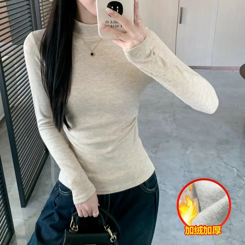 年谜半高领打底衫T恤女秋冬季洋气内搭紧身中领加绒磨毛保暖上衣